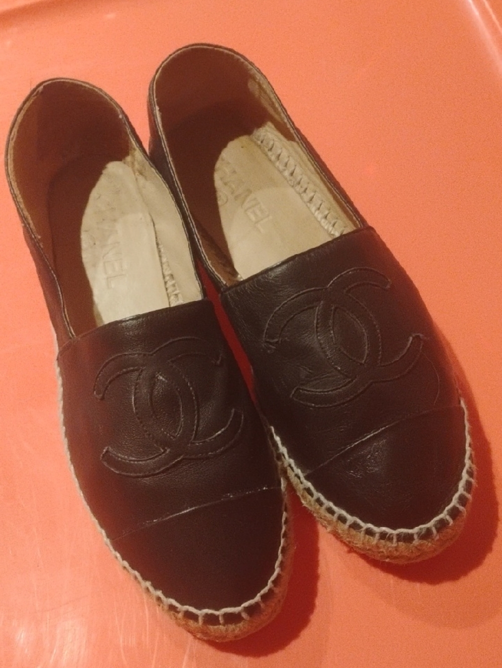 Chanel Black Leather Espadrille Slip-Ons Eur 39